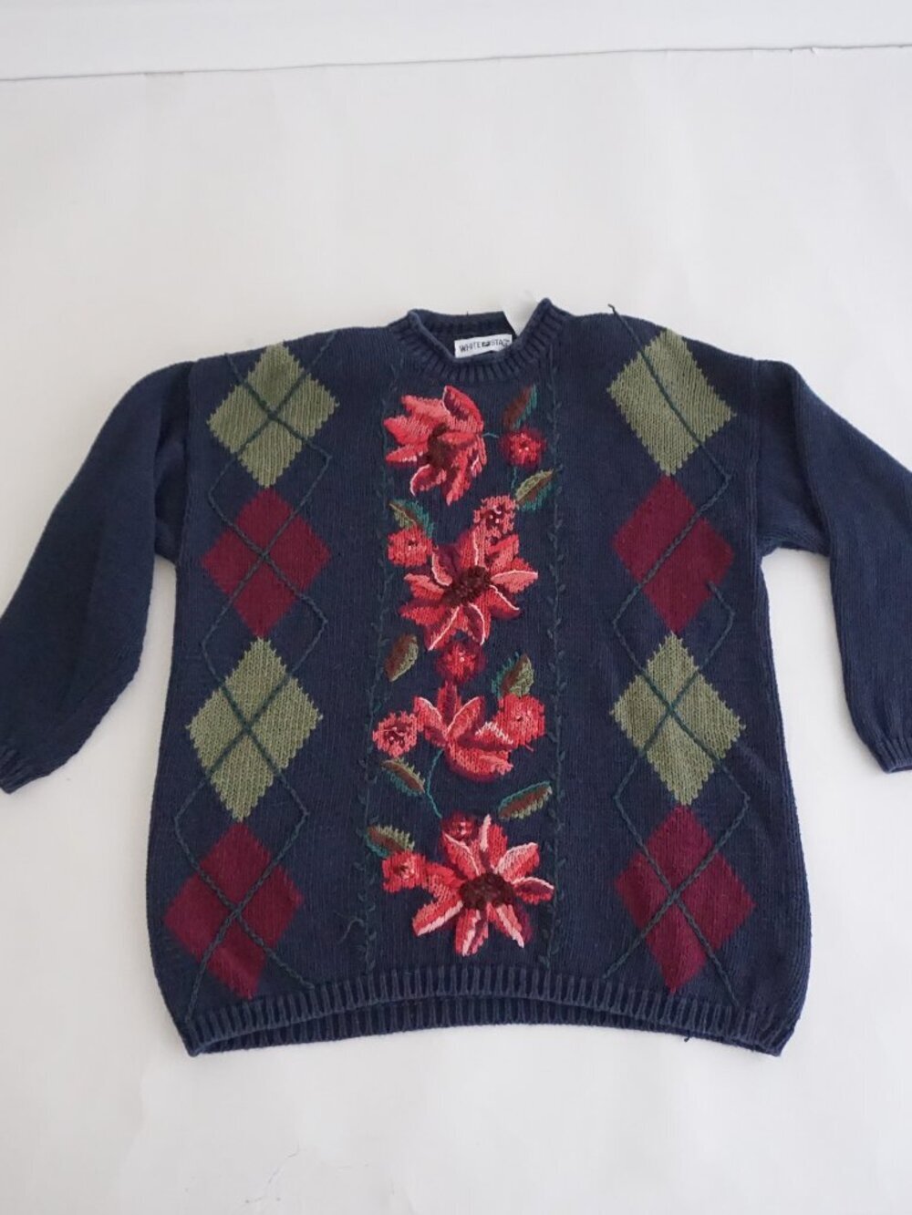 Vintage White Stag Navy Burgundy Argyle Flowers Embroidered Cotton Sweater XL